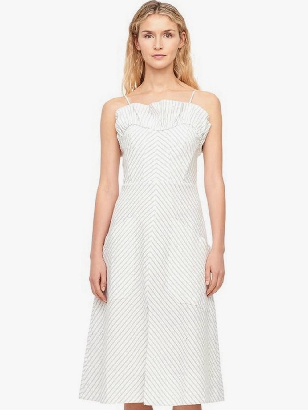 Rebecca Taylor White Striped Midi Dress with Ruffled Sweetheart Neckline sz 2